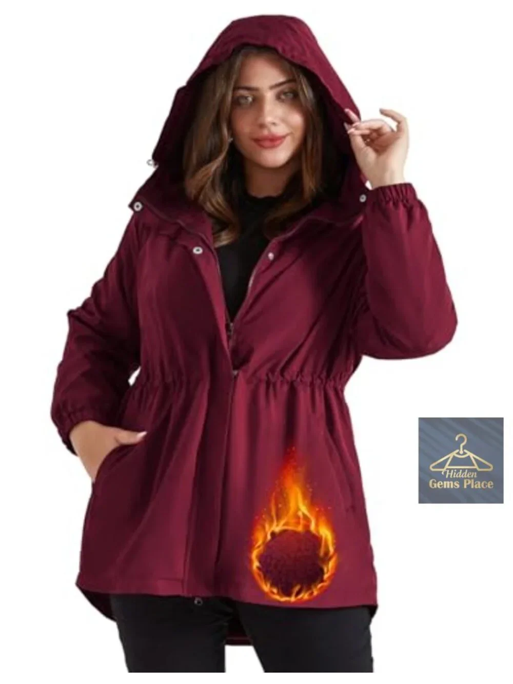 Plus Size Waterproof Fleece Lined Rain Jacket with Hood